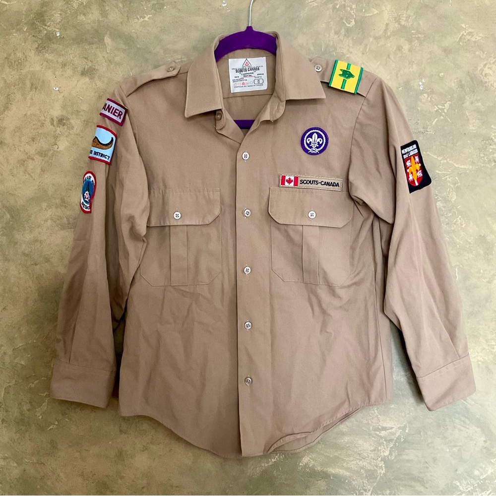 Vintage Scouts Canada Uniform Shirt Youth Medium 10 12 Patches Badges Khaki 90s